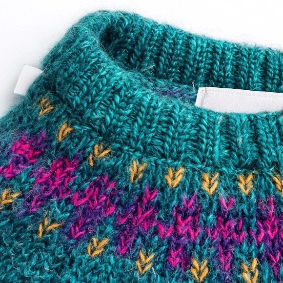 Vintage 80s Michelle Stuart Mohair Wool Fair Isle Sweater‎ Teal Woman Sz M - Picture 5 of 16